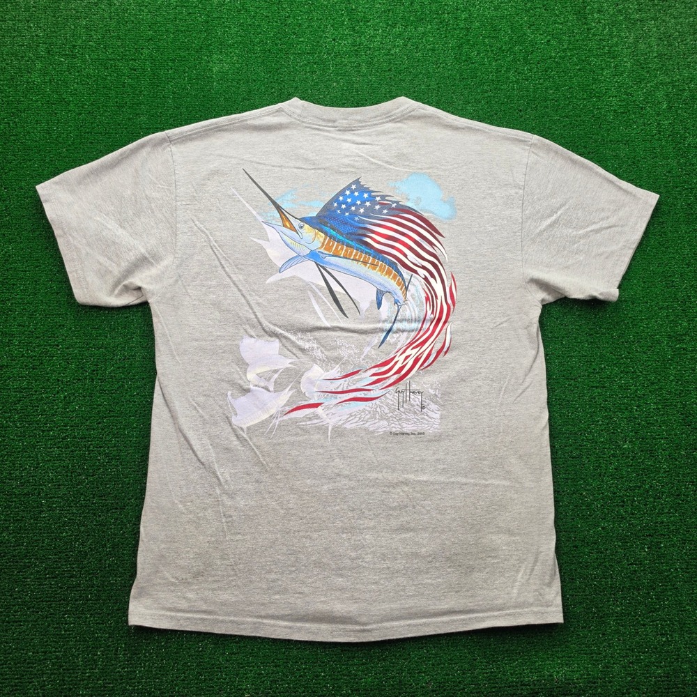 Guy Harvey Tshirt Mens Large Gray 2005 Graphic Patriotic Marlin Fish Pocket Tee